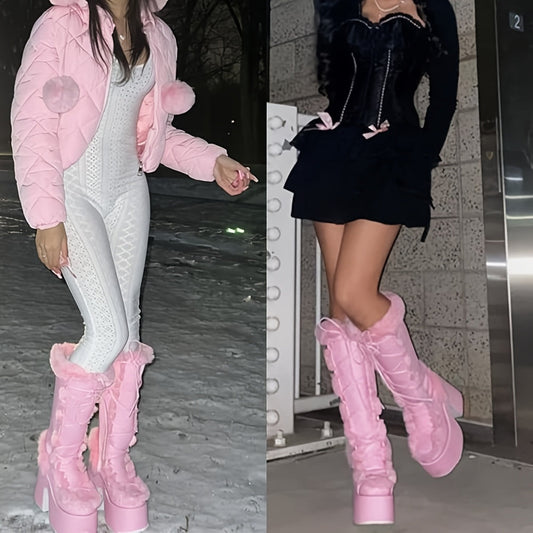 Womens Winter Punk Goth Boots - Faux Fur Lined, Side Zipper, Lace Up, Chunky Heel, Platform, Warm, Knee High, Mid Calf, Block Heel, Snow Walking Boots For Women SS69