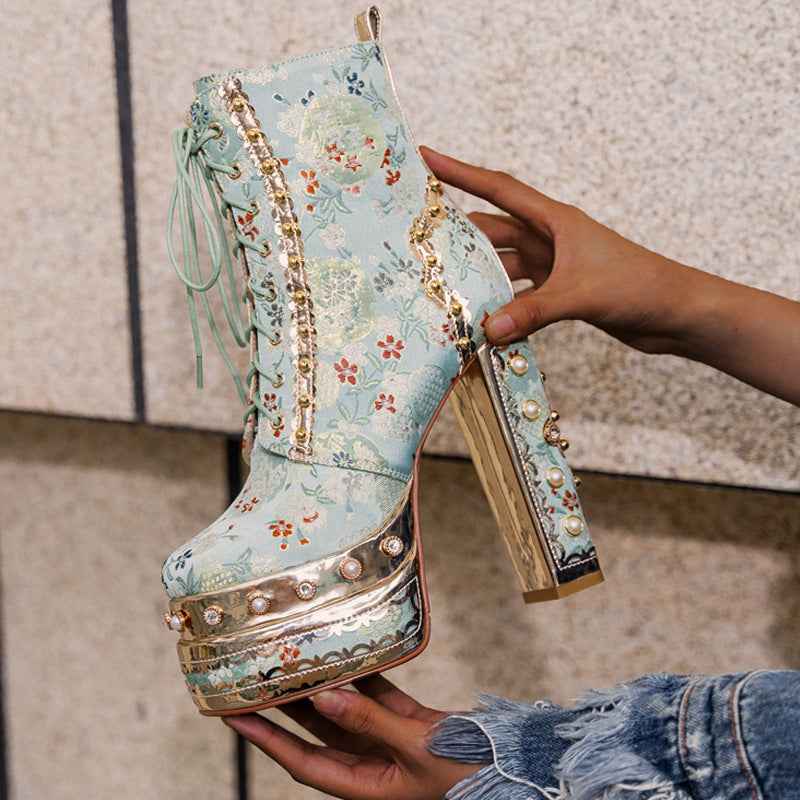 High Quality Platform Super High Heel Strap Rivet Women Thick Sole Heightening Wedding Boots Perfect for Dressy Occasions, Party Footwear, Sleek Design, Durable Construction, Stylish Footwear, Fashion Lovers, High Heel Bootie