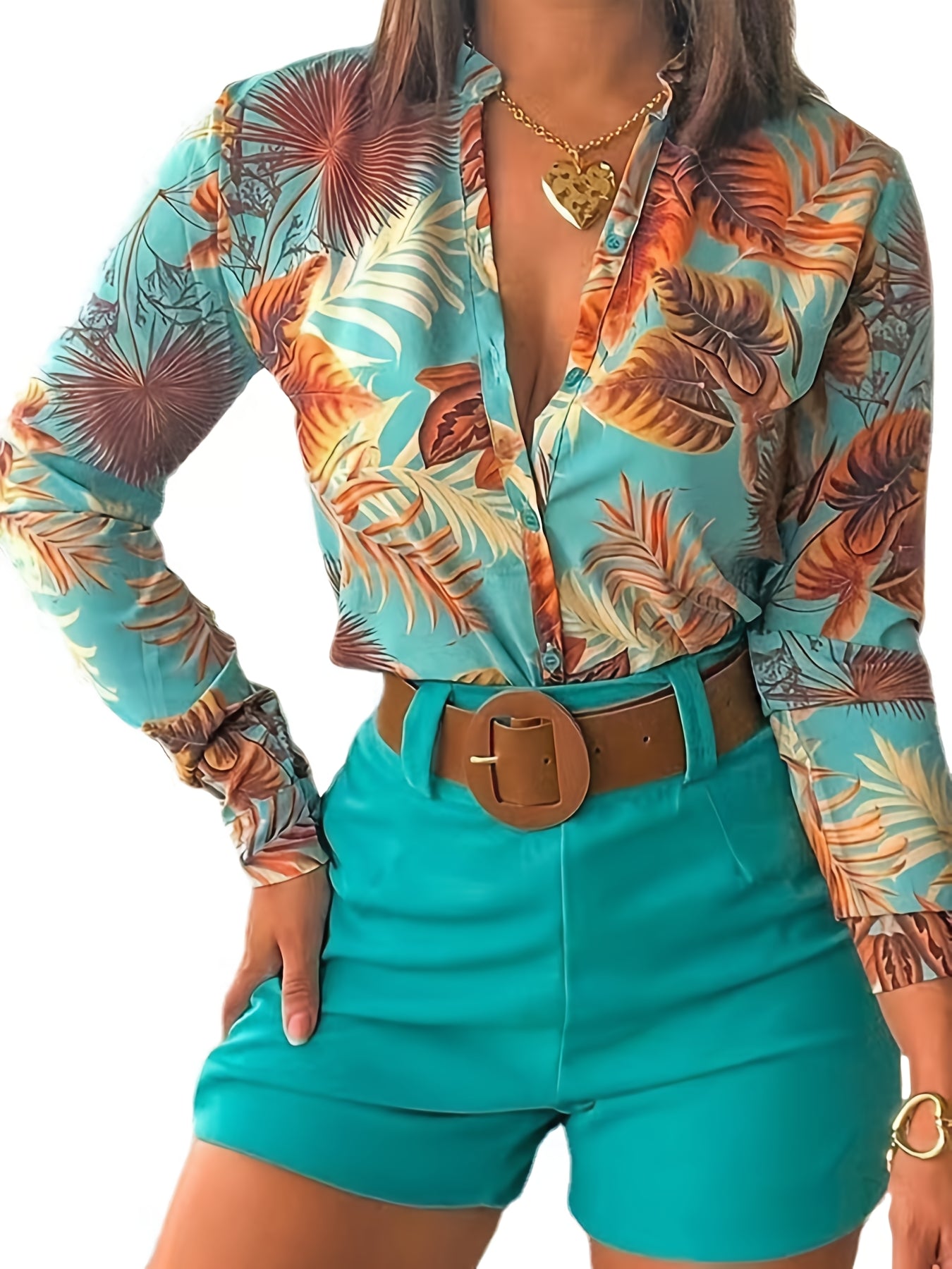 Women's fashion maple leaf print button- shirt solid color belted pants resort style two-piece pants set SS69