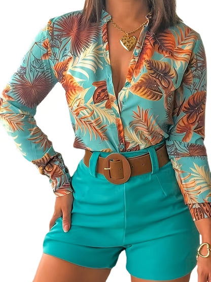 Women's fashion maple leaf print button- shirt solid color belted pants resort style two-piece pants set SS69