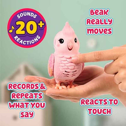 USONE Little Live Pets Rosie the Really Real Talking Bird Toy - Interactive Voice-Recording & Singing Robot-like Bird with 20+ Sounds, Touch-Activated Reactions, Pink/Purple Cage & Swing for Ages 5-7+ ( Included)
