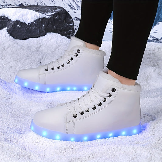 LED Glow Shoes - USB-Powered Winter Warmth, High-Top Sneakers with Glowing Lights, Lace-Up Closure, TPR Sole - for Men & Women, Skateboarding, Winter Sports, Skateboarding Footwear, Trendy Footwear, Durable Footwear