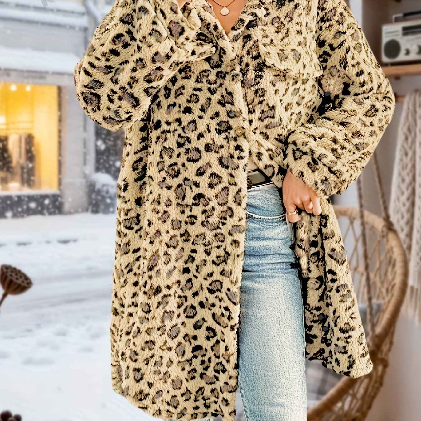 Plus Size - Plus Size - Plus Size - Plus Size - Plus Size - Women'S Plus Size Leopard Print Coat - Casual Long Sleeve Button-Up Jacket with Lapel Collar, Medium Stretch Fabric, Perfect For Fall/winter, Leopard Print Jacket, W