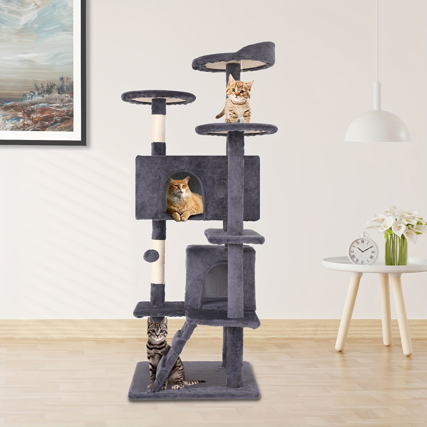 54/70" Multi-Level Cat Tree Tower with Scratching Posts & Cozy Condos, Space-Saving Indoor Cat Playhouse, Durable Plywood Construction, Fun Jumping Platforms, Multiple Colors Available for Cats SS69