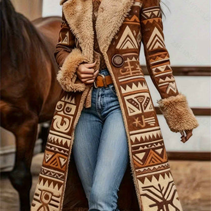 Women's Western Retro Style Winter Warm Coat - Western Print Jacket with Collar, Machine Washable Outerwear for Fall & Winter, Non-Stretch Blazer for Casual or Dressy Outfits