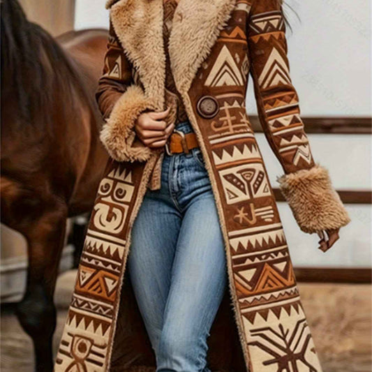 Women's Western Retro Style Winter Warm Coat - Western Print Jacket with Collar, Machine Washable Outerwear for Fall & Winter, Non-Stretch Blazer for Casual or Dressy Outfits