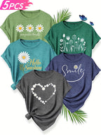 5pcs Women'S Casual Crew Neck Short Sleeve T-Shirts - Floral, Heart, and Smile Print Designs in Purple, Green, Pink, and Blue - Soft Stretch Fabric for Spring, Summer, and Fall, Plus Sizes Available, Plus Size Tee | Floral Pr SS69