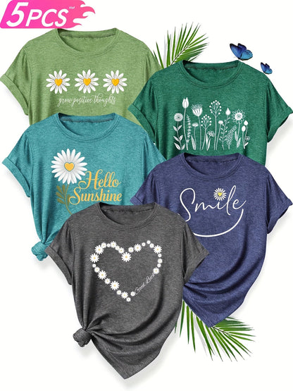 5pcs Women'S Casual Crew Neck Short Sleeve T-Shirts - Floral, Heart, and Smile Print Designs in Purple, Green, Pink, and Blue - Soft Stretch Fabric for Spring, Summer, and Fall, Plus Sizes Available, Plus Size Tee | Floral Pr SS69