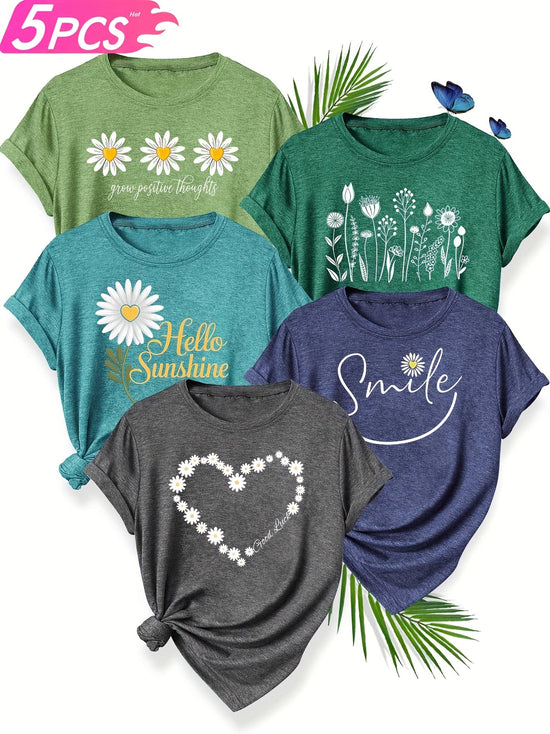 5pcs Women'S Casual Crew Neck Short Sleeve T-Shirts - Floral, Heart, and Smile Print Designs in Purple, Green, Pink, and Blue - Soft Stretch Fabric for Spring, Summer, and Fall, Plus Sizes Available, Plus Size Tee | Floral Pr SS69