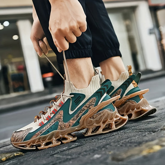 Men's Breathable Running Footwear with Ankle Support, Non-Slip Sturdy Design, Fashionable Athletic Sneakers in Green & Brown, Comfortable for Outdoor Activities, Cushioned for Enhanced Performance SS69