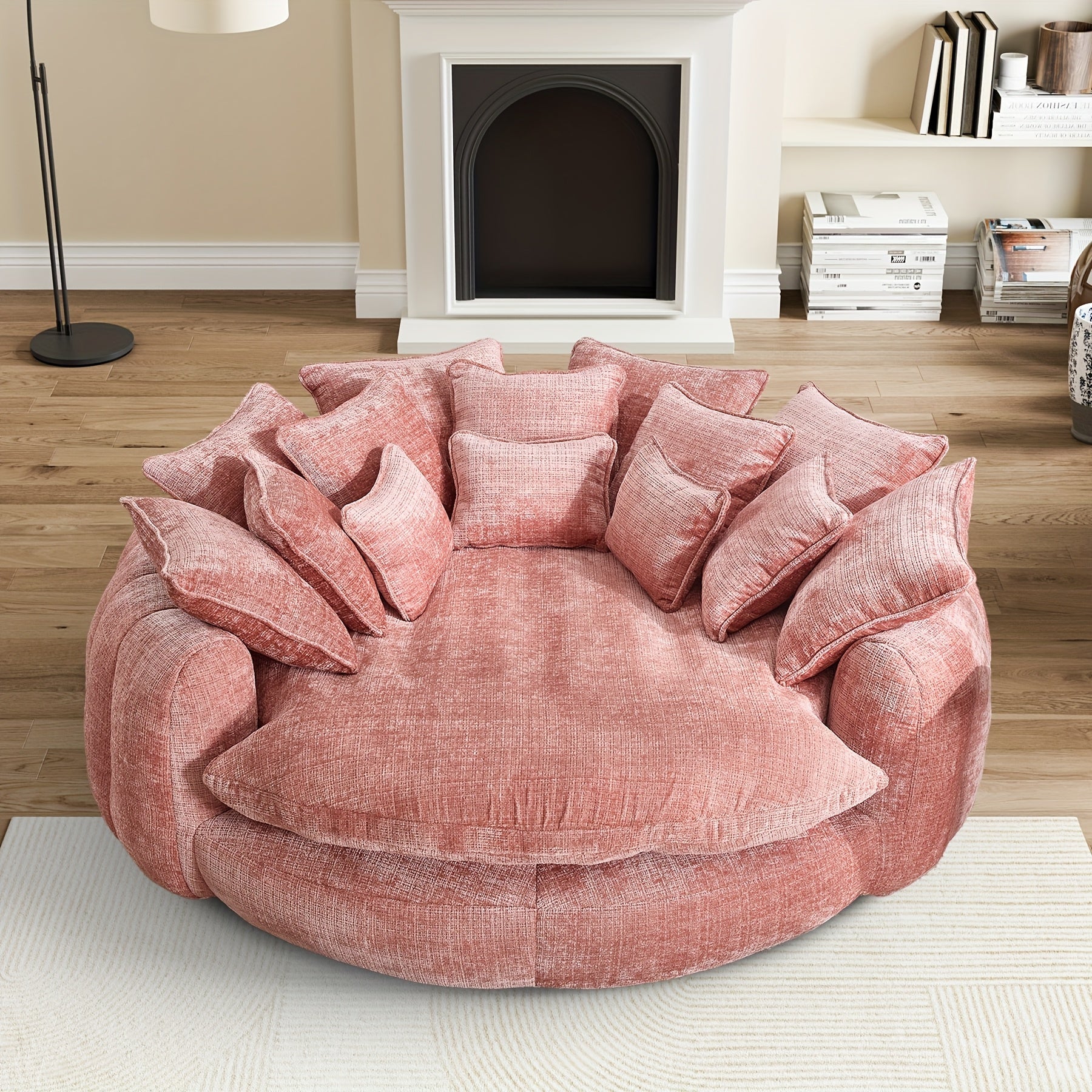 81.1" W Oversized Round Chaise Lounge, Fluffy Lazy Bean Bag Sofa With 14 Pillows, Comfy Chenille Upholstered Barrel Sleeper Bed, Modern Deep Seat Cloud Couch For Living Room Apartment SS69 783.69 pink