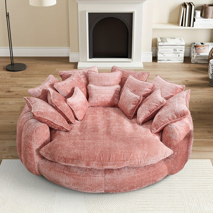 81.1" W Oversized Round Chaise Lounge, Fluffy Lazy Bean Bag Sofa With 14 Pillows, Comfy Chenille Upholstered Barrel Sleeper Bed, Modern Deep Seat Cloud Couch For Living Room Apartment SS69 783.69 pink