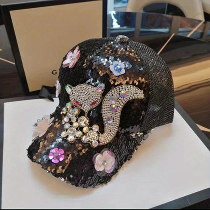 [Anime Baseball Cap] Anime Theme Women's Fashion Baseball Cap - Breathable Mesh, Adjustable Fit, Rhinestones and Floral Embellishments, Hot-stamping Craftsmanship, Sparkling Sequin Duckbill Hat, Carnival/Mardi Gras/Masquerade SS69 13.69 Black