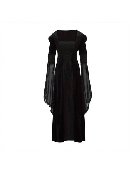 Women's Medieval Renaissance Wedding Dress & Costume - Off-Shoulder/Boat Neck Hooded Waist A-Line Dress with Slim-Fit Bodice & Flowing Train, Machine Washable Renaissance Faire Outfit for Renaissance-Themed Events, Weddings,