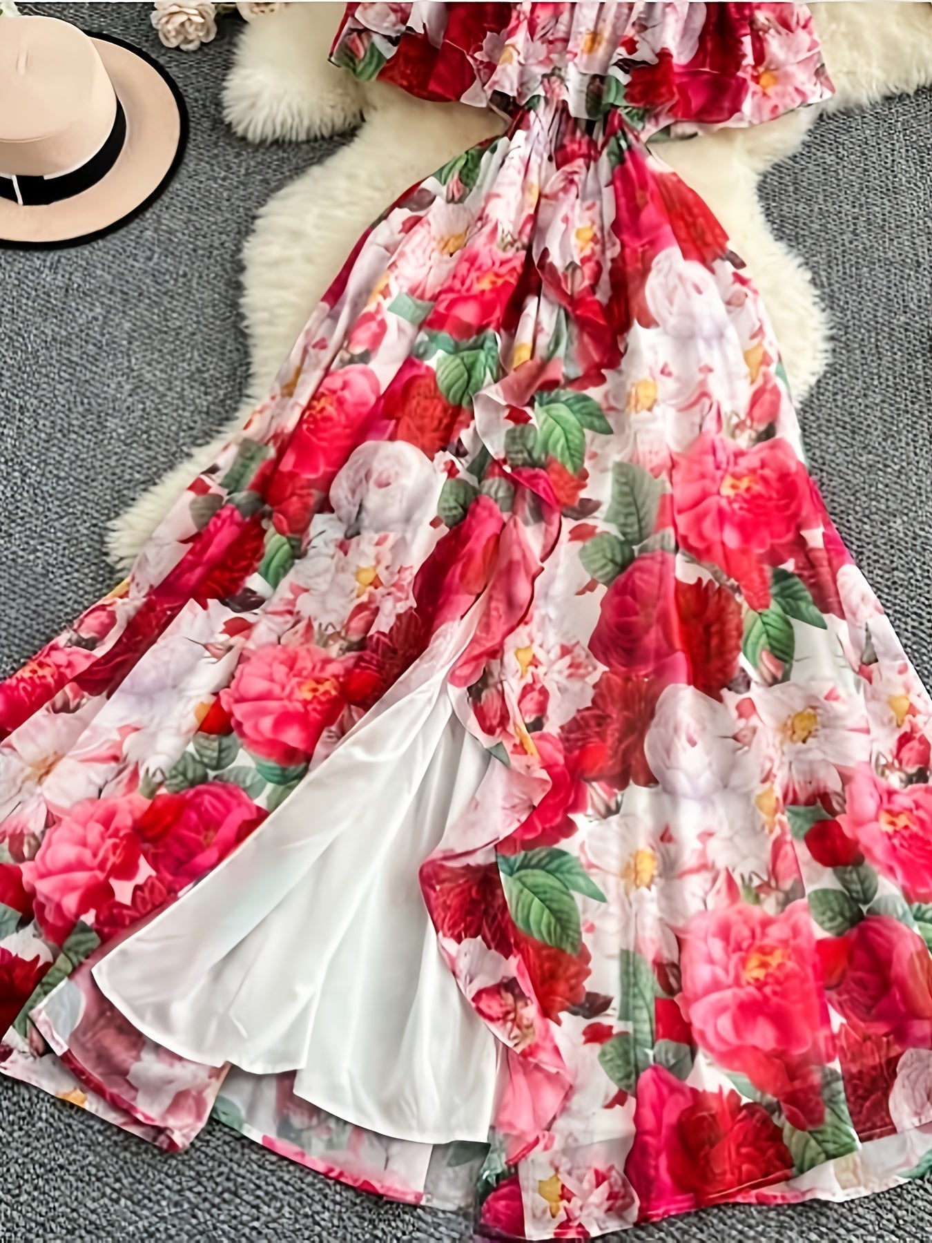 Women's Elegant Off-Shoulder Floral Print A-Line Dress - Lightweight 100% Polyester Summer Dress with Ruffled Sleeves & Hem, Machine Washable for Casual Outings, Dates, Garden Parties SS69