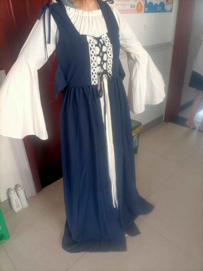 [Elegant Medieval Costume] Elegant Women's Medieval Two-Piece Costume - Renaissance Drama Outfit with Corset-like Bodice & Long Flowing Skirt | Halloween, Renaissance Faire, Themed Parties | Burgundy/White, Black/White, Green