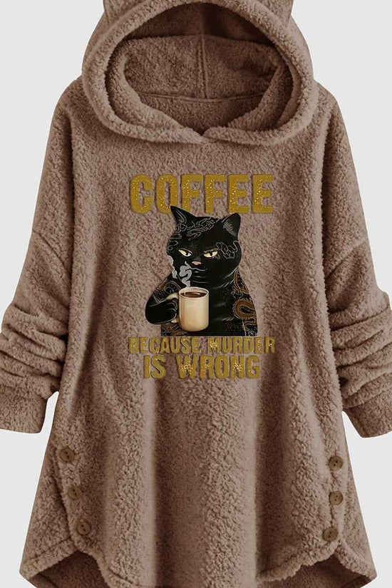 Plus Size - Women'S Plus Size Casual Teddy Hoodie with Cat Ears and Button Details | Long Sleeve, Asymmetrical Hem, Fall/Winter, Animal Print, Pullover Style