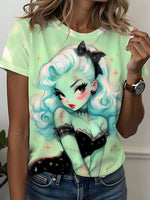 Women'S Mint Green Retro Gothic Graphic T-Shirt - Edgy Monster Print Tee, Lightweight Polyester Top for Cosplay, Parties & Everyday Streetwear - Non- Costume Shirt, Ladies T Shirts, Casual Wear, Vintage Style, Comfortable Fit SS69