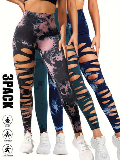 3 Pack High Waist Tie Dye Cutout Yoga Leggings - Scrunch Butt Lifting, Tummy Control, Elastic Workout Pants for Women SS69
