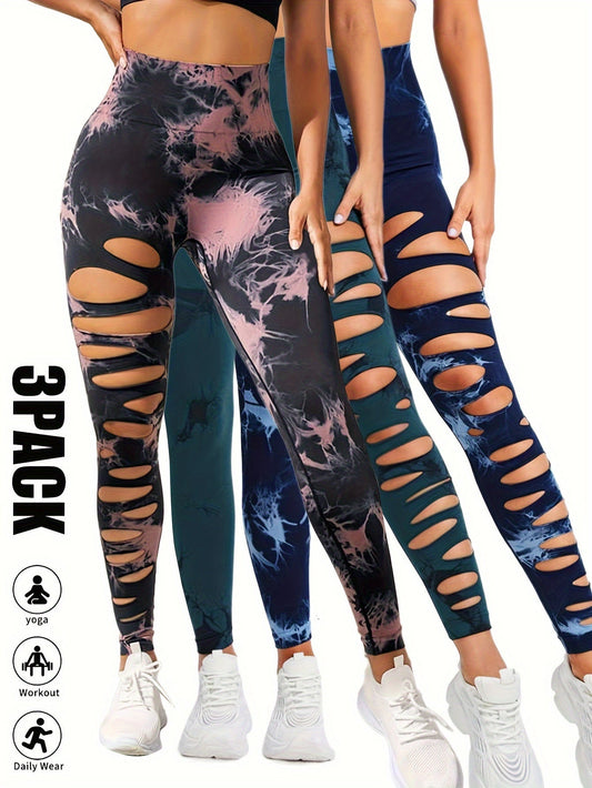 3 Pack High Waist Tie Dye Cutout Yoga Leggings - Scrunch Butt Lifting, Tummy Control, Elastic Workout Pants for Women SS69