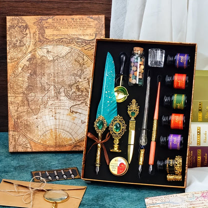Antique Vintage Quill Pen and Ink Set - Gem Feather Pen Set with Glass Dip Pen, Wooden Dip Pen, Fire Lacquer Wax Beads, Spoon, Seal Stamp, Candle, Pen Base, Cup - Unique Gift for Writers, Artists & History Enthusiasts - Perfe SS69