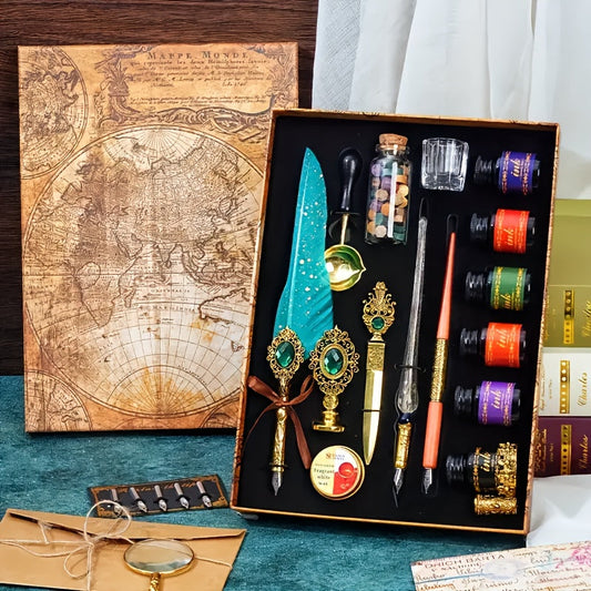 Antique Vintage Quill Pen and Ink Set - Gem Feather Pen Set with Glass Dip Pen, Wooden Dip Pen, Fire Lacquer Wax Beads, Spoon, Seal Stamp, Candle, Pen Base, Cup - Unique Gift for Writers, Artists & History Enthusiasts - Perfe SS69