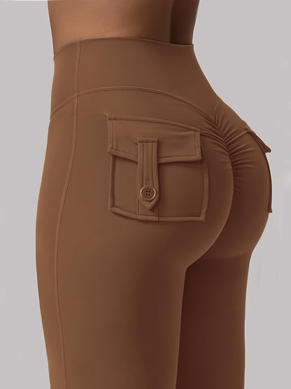 Full Of Elasticity Slim Fit Women's Pocket Yoga Pants - High Waist, Wide Legs, Solid Color, With Phone Pocket - SS69