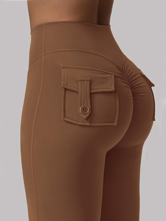 Full Of Elasticity Slim Fit Women's Pocket Yoga Pants - High Waist, Wide Legs, Solid Color, With Phone Pocket - SS69