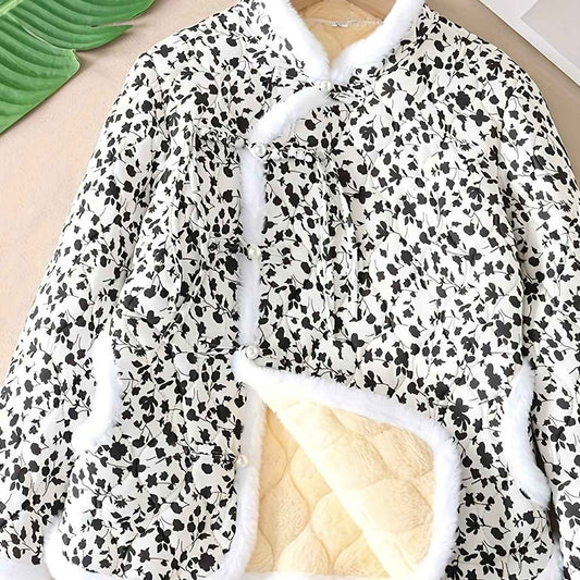 Plus Size, Women's Chinese Style Winter Coat with Cheona Collar (Standing Pronunciation) - Thick Padded Warm Jacket, Retro Button Front, Zipper Back Closure, Machine Washable Outerwear