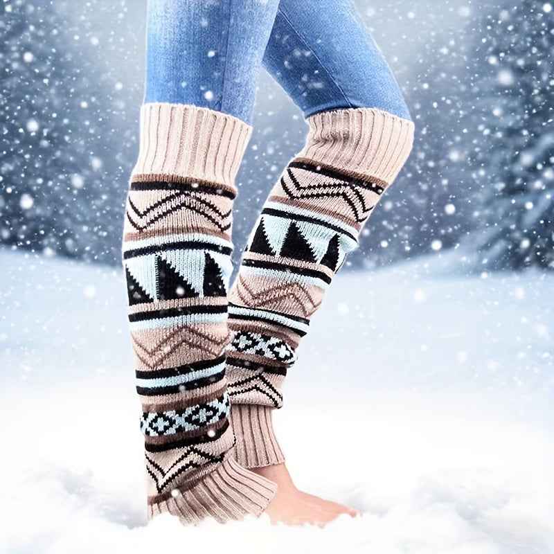 1 Pair Women'S Thermal Calf Socks - Winter Warmth with Multicolor Geometric Patterns (/Orange/Red/Teal/ - Soft Blend - Machine Washable, - Ideal For Skiing, Travel, Daily Wear - Cold Weather Essentials, Winter Socks, Colorblo
