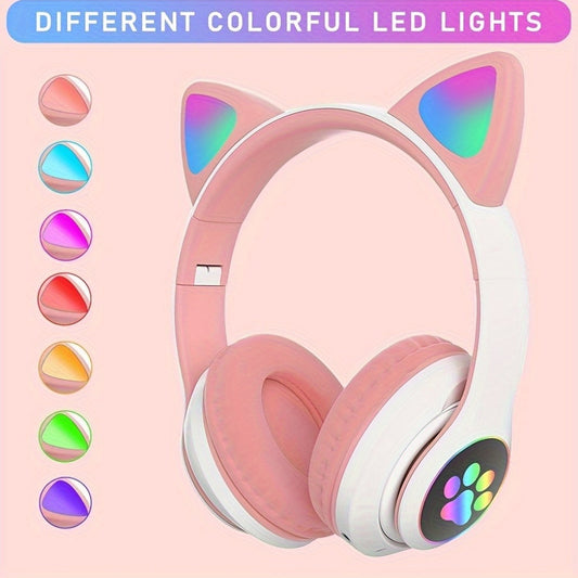 Wireless & Wired Foldable Cat Ear Over-Ear Gaming Headset With LED Lights - Hi-Fi Stereo, Detachable Audio Cable, Built-in Mic, USB Rechargeable, Perfect Gift For Anime & Gaming Girls SS69