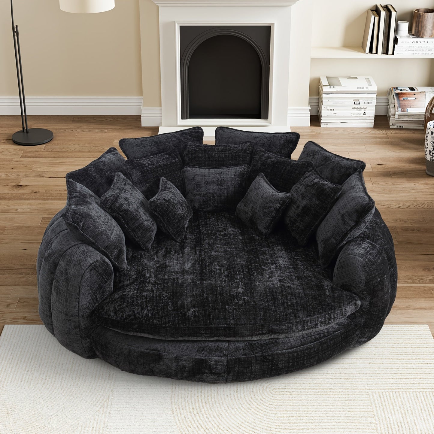 81.1" W Oversized Round Chaise Lounge, Fluffy Lazy Bean Bag Sofa With 14 Pillows, Comfy Chenille Upholstered Barrel Sleeper Bed, Modern Deep Seat Cloud Couch For Living Room Apartment SS69 783.69 Black