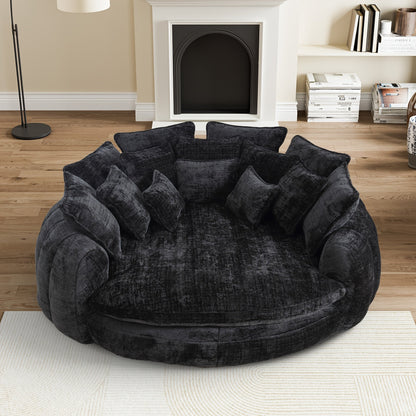 81.1" W Oversized Round Chaise Lounge, Fluffy Lazy Bean Bag Sofa With 14 Pillows, Comfy Chenille Upholstered Barrel Sleeper Bed, Modern Deep Seat Cloud Couch For Living Room Apartment SS69 783.69 Black