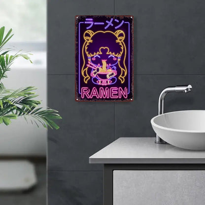 1pc Retro Japanese Ramen Girl Neon Sign - Contemporary Metal Wall Art, Multipurpose Decor for Bar, Cafe, Beach House & Backyard, No Electricity Needed, Easy Mounting, Anime Room Decor SS69