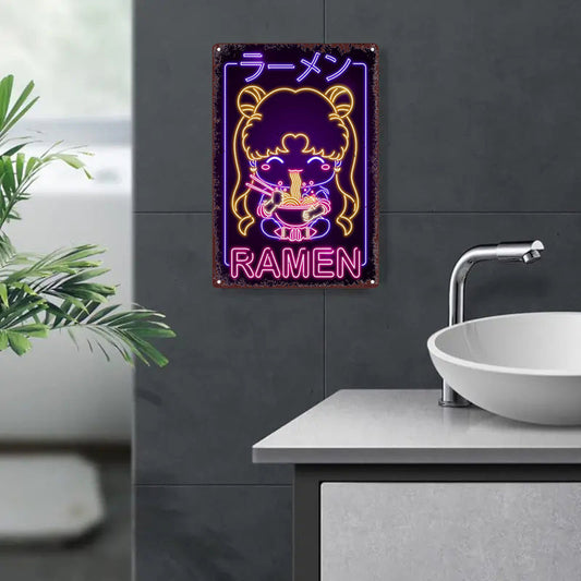 1pc Retro Japanese Ramen Girl Neon Sign - Contemporary Metal Wall Art, Multipurpose Decor for Bar, Cafe, Beach House & Backyard, No Electricity Needed, Easy Mounting, Anime Room Decor SS69