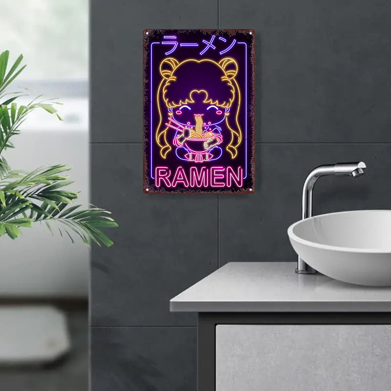 1pc Retro Japanese Ramen Girl Neon Sign - Contemporary Metal Wall Art, Multipurpose Decor for Bar, Cafe, Beach House & Backyard, No Electricity Needed, Easy Mounting, Anime Room Decor SS69