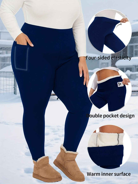 Plus Size, Women's Thermal Full-Length Leggings with Pockets - High-Elasticity Snug-Fit Pants for Winter Warmth, Solid Color Casual Wear Suitable for Home,, & Outdoor