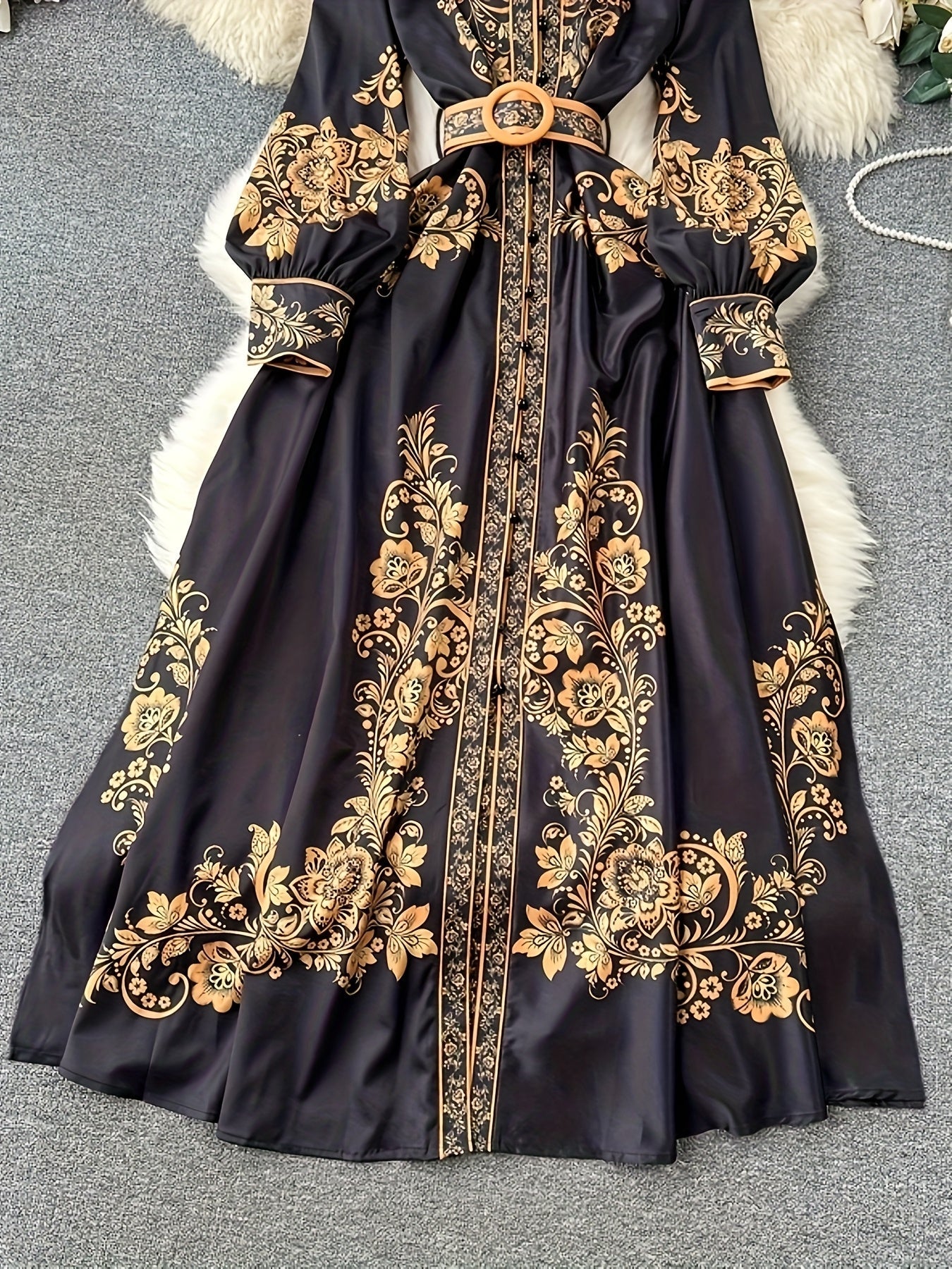 [Retro Dress] Autumn Retro Women's Long Sleeve Ethnic Print Dress with Belt m186 SS69