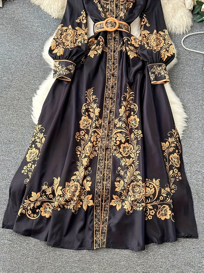 [Retro Dress] Autumn Retro Women's Long Sleeve Ethnic Print Dress with Belt m186 SS69