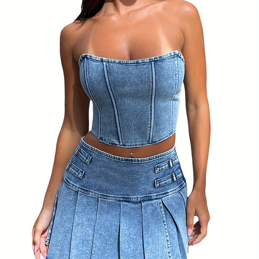 2pcs Women's Summer Outfit Sets - Sleeveless Off Shoulder Bandeau Top + Pleated Denim Skirt, Cute Spring/Summer Polyester Outfit, Machine Washable, Lightweight & Comfortable - SS69