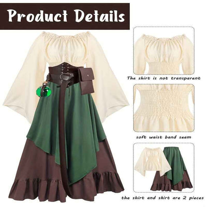 Women's Medieval Renaissance Dress Costume with Corset Belt & Pouch - Bohemian Style Medieval Attire, Scale/Impressions (Not Feathers), Standard Sizing (No Plus Size) for Renaissance Fairs, Medieval Parties, Historical Events