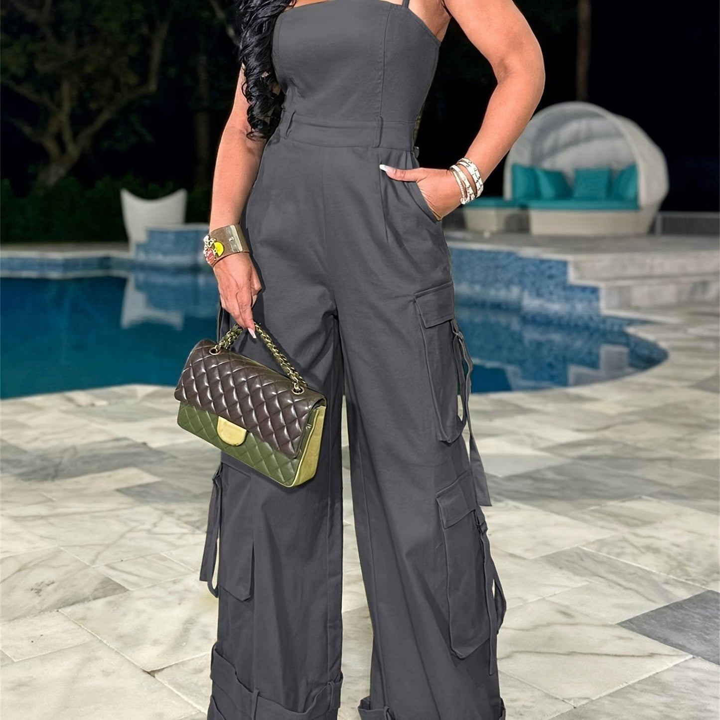 Women'S Y2K Wide-Leg Cargo Jumpsuit - Summer Utility Romper With Multi-Pockets And Spaghetti Straps | Casual Street Style Overalls For Outdoor Adventures/Urban Exploring (Adjustable Spaghetti Straps) SS69 31.69 Dark Gray / XXL