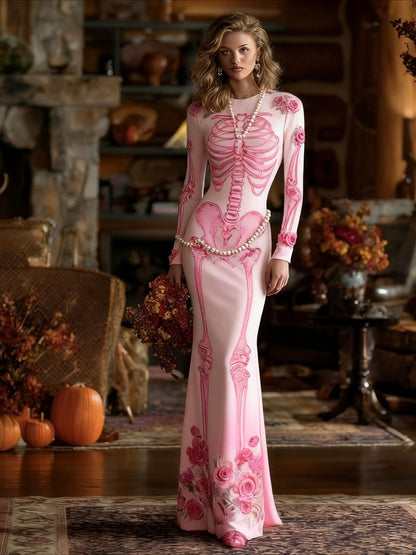 Women's Gothic Vampire Costume Dress - Full-Body Skeleton Print & Anatomical Heart Design Long Sleeve Maxi Gown with A-Line Silhouette, Short Train Hem for Halloween Parties, Prom, Themed Events - Machine Washable Gothic Wedd SS69