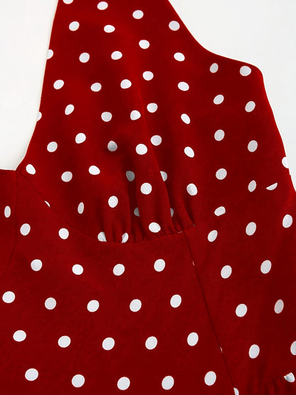 Elegant Style | Elegant Red Polka Dot Halter Dress with Tie-Back Detail - Backless A-Line Swing Dress for Women, Machine Washable Polyester, All-Season Glamour, Cocktail Attire | Aline Silhouette | Smooth Texture SS69
