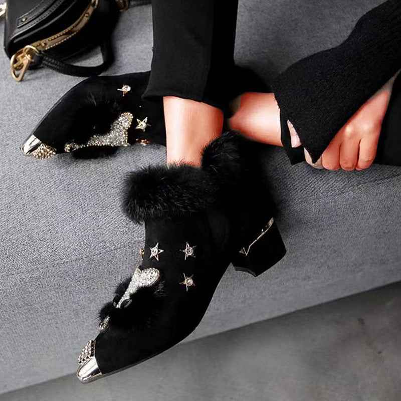 Fashio Pointed Toe faux fur Shoes for Women, Large Size, Fleece-Lined, Thick Heel, Thick Sole, Autumn Winter Warm Shoes