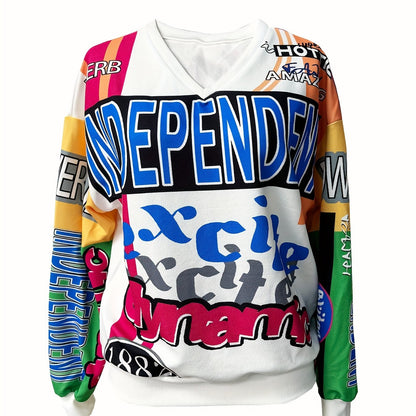 Slayr Collection Women'S Elegant Polyester Spandex V-Neck Sweatshirt with Bold Alphabets Print, Long Sleeve Casual Sport Pullover with High Stretch, Regular Length - For Women - Perfect for Casual Wear & Sports - Stylish Gift SS69 23.69 Mixed Color / XL