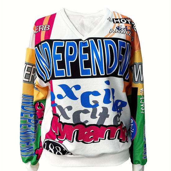 Slayr Collection Women'S Elegant Polyester Spandex V-Neck Sweatshirt with Bold Alphabets Print, Long Sleeve Casual Sport Pullover with High Stretch, Regular Length - For Women - Perfect for Casual Wear & Sports - Stylish Gift SS69 23.69 Mixed Color / XL