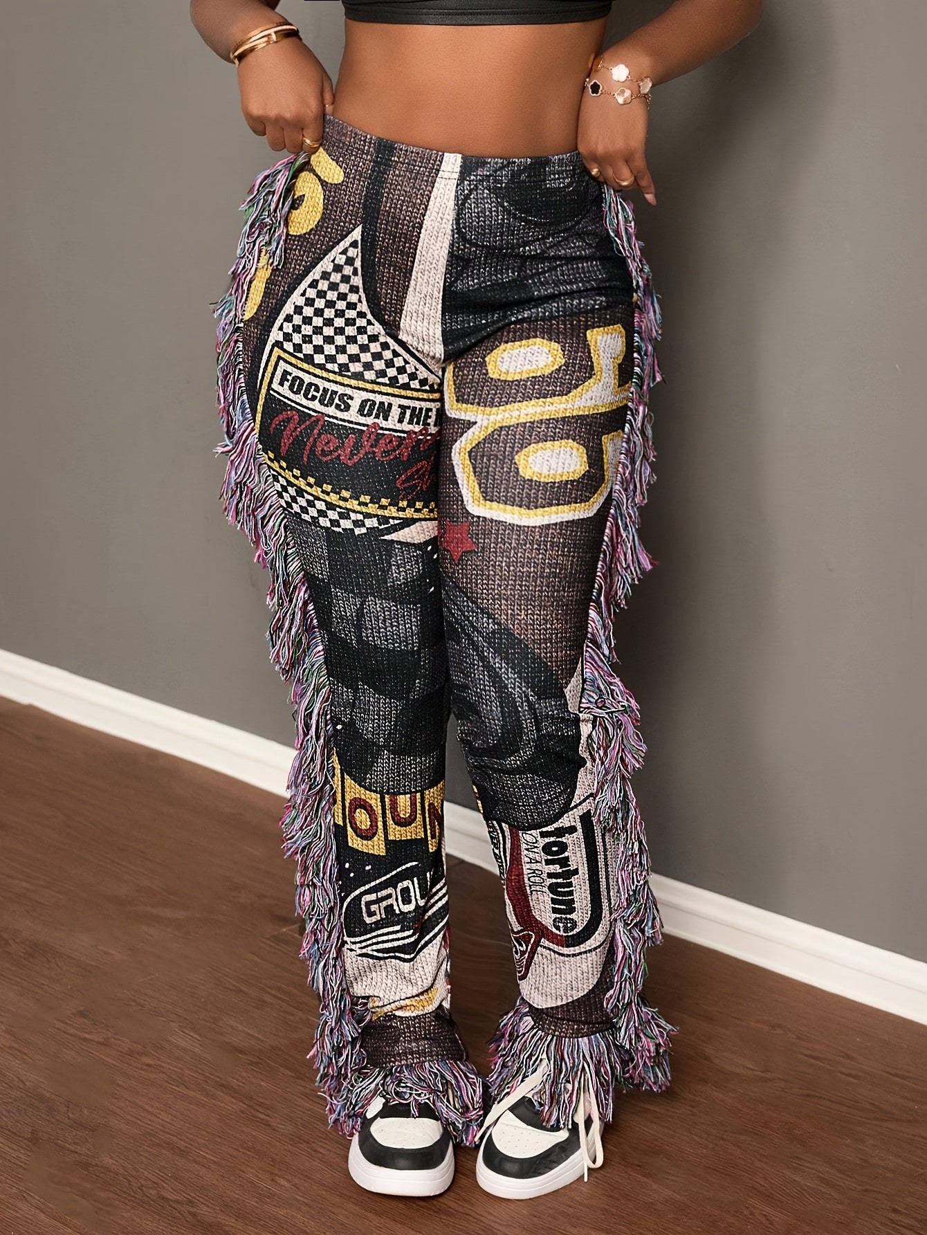 [Vibrant Graphic Pants] Vibrant Graphic Women's Straight-Leg Pants | Fringe Hem & Tassel Details, All-Season Machine Washable Comfort for Casual Attire SS69