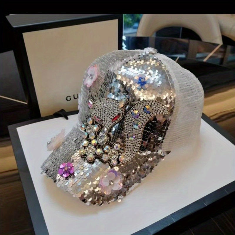 [Anime Baseball Cap] Anime Theme Women's Fashion Baseball Cap - Breathable Mesh, Adjustable Fit, Rhinestones and Floral Embellishments, Hot-stamping Craftsmanship, Sparkling Sequin Duckbill Hat, Carnival/Mardi Gras/Masquerade SS69 13.69 White