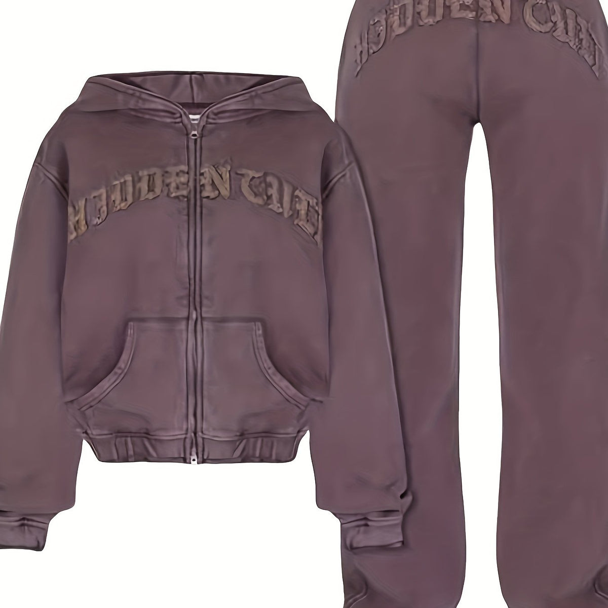 Chic Women's Athletic Set: Full-Zip Hoodie & Slim-Fit Pants - Comfortable, Adjustable, and Stylish with Letter Print Design - SS69